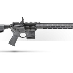 Black semi-automatic rifle with a long barrel, collapsible stock, and rail system against a white background.