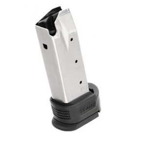 Silver gun magazine with a black baseplate, featuring visible caliber markings and a textured grip for easy handling.