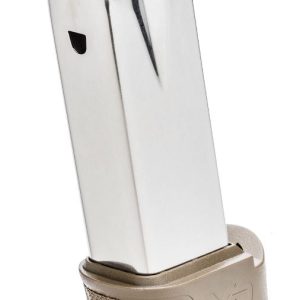 Silver gun magazine with tan baseplate, featuring textured grip and "xd" logo.