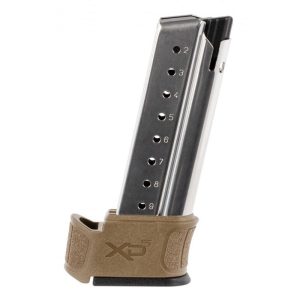 Silver firearm magazine with a brown textured grip base, featuring bullet indicators numbered 2 to 9.