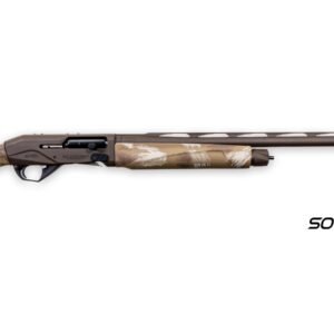 Tactical shotgun with a camo-colored stock and forend, featuring a matte black action and barrel, labeled "sorix slough" on a white background.