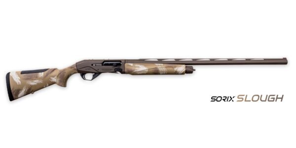 Tactical shotgun with a camo-colored stock and forend, featuring a matte black action and barrel, labeled "sorix slough" on a white background.