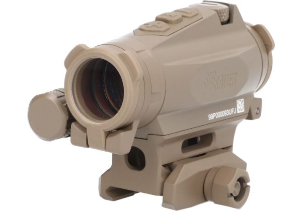 Tan tactical rifle scope with sig sauer branding, featuring adjustment knobs and a qr code on the side.