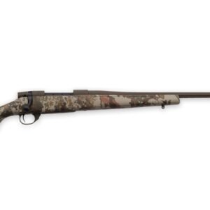 Camouflage-patterned hunting rifle with a long barrel and black accents against a white background.