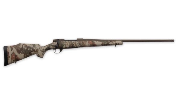 Camouflage-patterned hunting rifle with a long barrel and black accents against a white background.