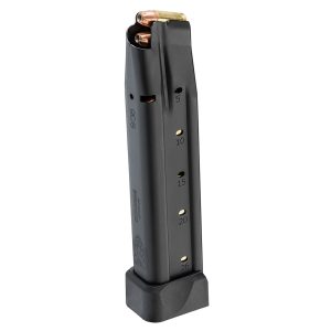 Black firearm magazine with numbered markings for ammo capacity, featuring brass-colored bullets at the top.