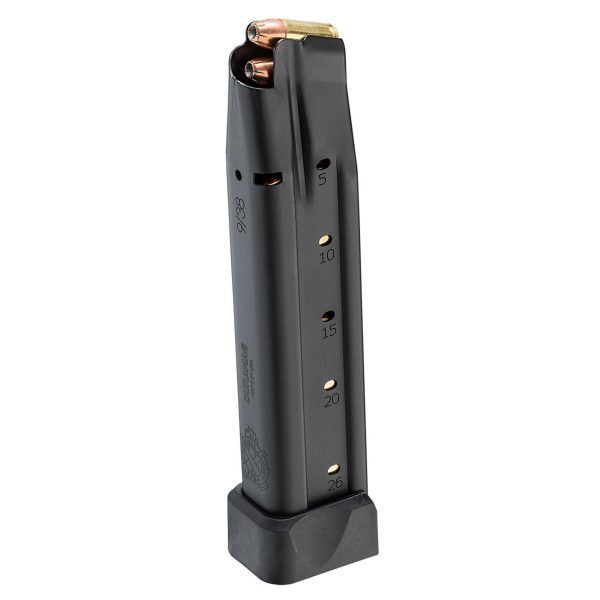 Black firearm magazine with numbered markings for ammo capacity, featuring brass-colored bullets at the top.