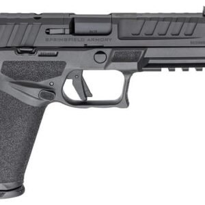 Black springfield armory handgun with textured grip and tactical rail.