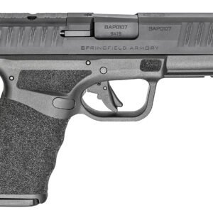 A black and gray semi-automatic handgun with textured grip, labeled "springfield armory", caliber 9x19, placed against a white background.