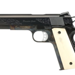 Black handgun with ivory grips and intricate engravings on the slide, set against a white background.