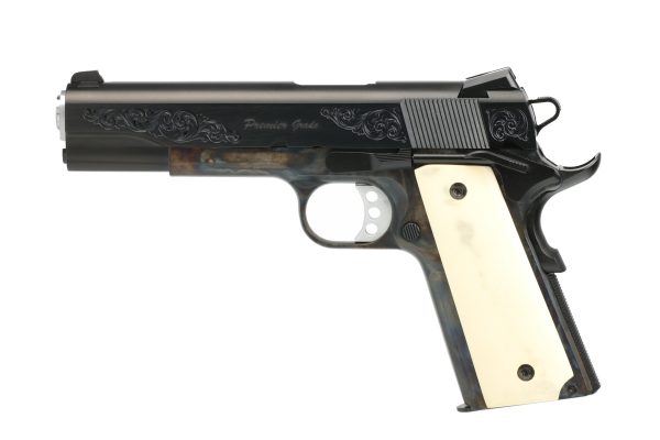 Black handgun with ivory grips and intricate engravings on the slide, set against a white background.