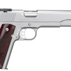 Silver stainless steel handgun with a polished brown wooden grip and engraved text, featuring a red fiber optic front sight.