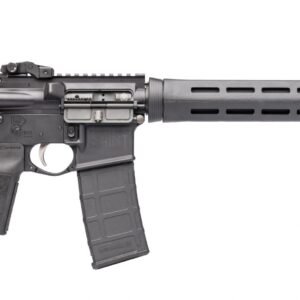 A black ar-style rifle with a tactical stock, pistol grip, and handguard, featuring a detachable magazine and a front sight post.