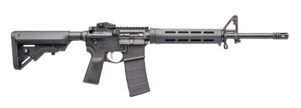 A black ar-style rifle with a tactical stock, pistol grip, and handguard, featuring a detachable magazine and a front sight post.