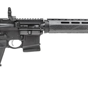 A black rifle with a tactical stock and foregrip, springfield armory branding, and chambered for 5. 56 nato.