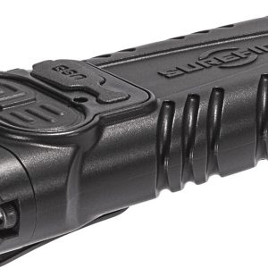 Black tactical flashlight with textured grip and USB port.
