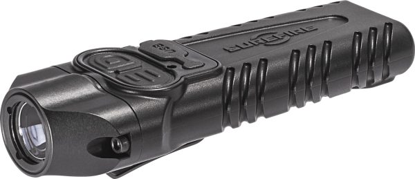 Black tactical flashlight with textured grip and usb port.