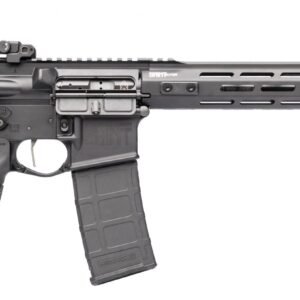 Black semi-automatic rifle with textured pistol grip and adjustable stock, featuring a long handguard with rail slots, against a white background.