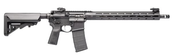 Black semi-automatic rifle with textured pistol grip and adjustable stock, featuring a long handguard with rail slots, against a white background.