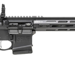 Black semi-automatic rifle with a matte finish, adjustable stock, and modular rail system.