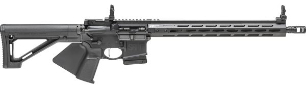 Black semi-automatic rifle with a matte finish, adjustable stock, and modular rail system.