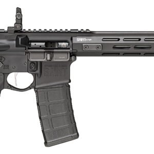 Black rifle with a tactical design featuring a collapsible stock, full-length handguard, and magazine, set against a white background.