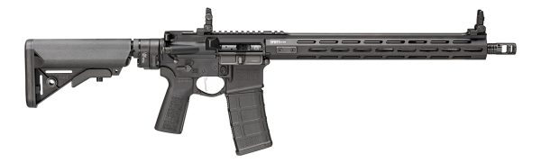 Black rifle with a tactical design featuring a collapsible stock, full-length handguard, and magazine, set against a white background.