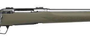 Olive green bolt-action rifle with a textured stock and black butt pad, featuring a silver barrel and receiver.