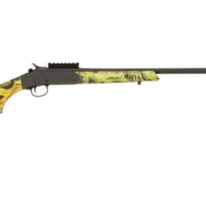 Camouflage-patterned firearm with a long black barrel and green and yellow details on the stock and forearm.