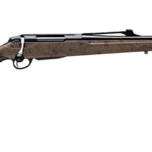 A bolt-action rifle with a black metal barrel and a tan speckled synthetic stock.