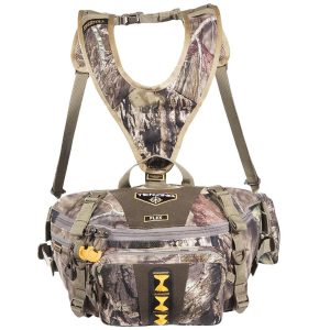 Camo hunting bag with shoulder harness, multiple compartments, and green and brown camouflage design; suitable for firearms and ammunition, product available in Casey, Iowa.
