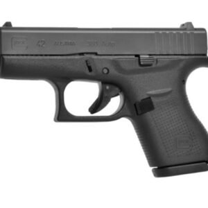 Black glock 42 pistol. 380 auto, features textured grip and compact design. Keywords: firearms, guns, ammo, bag, iowa, casey iowa.