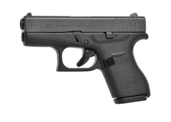 Black glock 42 pistol. 380 auto, features textured grip and compact design. Keywords: firearms, guns, ammo, bag, iowa, casey iowa.