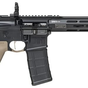 Black and tan ar-15 style rifle with a tactical handguard and collapsible stock.