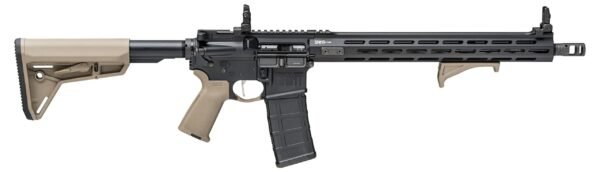 Black and tan ar-15 style rifle with a tactical handguard and collapsible stock.