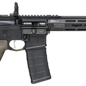 Rifle with black metal upper and dark tan polymer stock and grip, featuring a long handguard and visible saint victor branding.