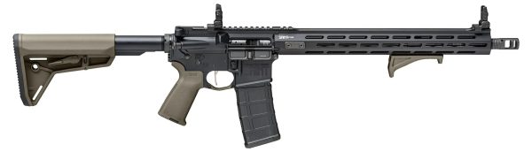 Black rifle with dark tan grip and buttstock, featuring a sleek design, suitable for firearms and guns in casey, iowa.