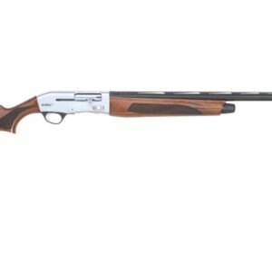 Wooden shotgun with a silver metal receiver and dark brown checkered grips, featuring a long black barrel.