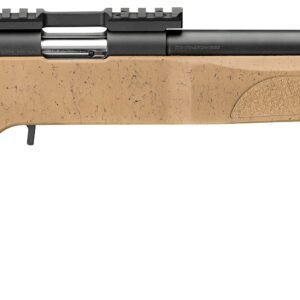 Bolt-action rifle with a beige speckled stock and a matte black barrel.