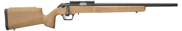 Bolt-action rifle with a beige speckled stock and a matte black barrel.