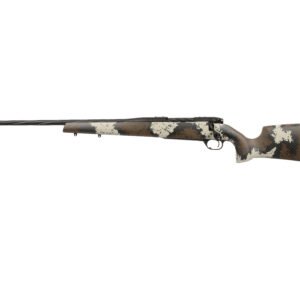 Camouflage-patterned rifle with a long black barrel and synthetic stock featuring green, brown, black, and white colors.