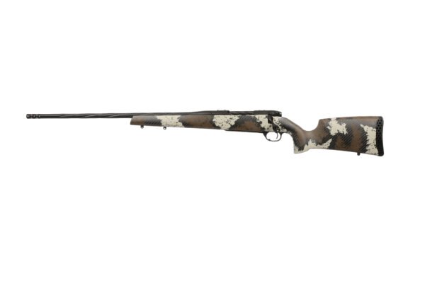 Camouflage-patterned rifle with a long black barrel and synthetic stock featuring green, brown, black, and white colors.