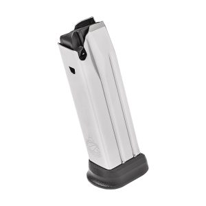 Silver handgun magazine with black plastic base.