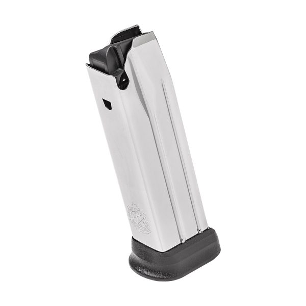 Silver handgun magazine with black plastic base.