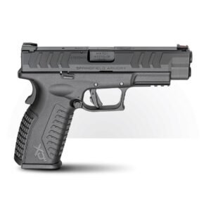 Black springfield armory handgun with textured grip and sleek slide, showcased on a light gray background.