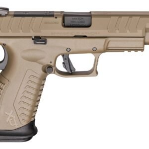 Tan springfield armory pistol with textured grip and black magazine baseplate.