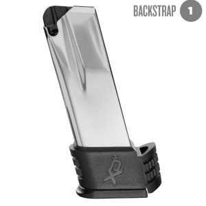 Stainless steel firearm magazine with a black textured backstrap, featuring engraved logo, suitable for guns and ammo in casey, iowa.