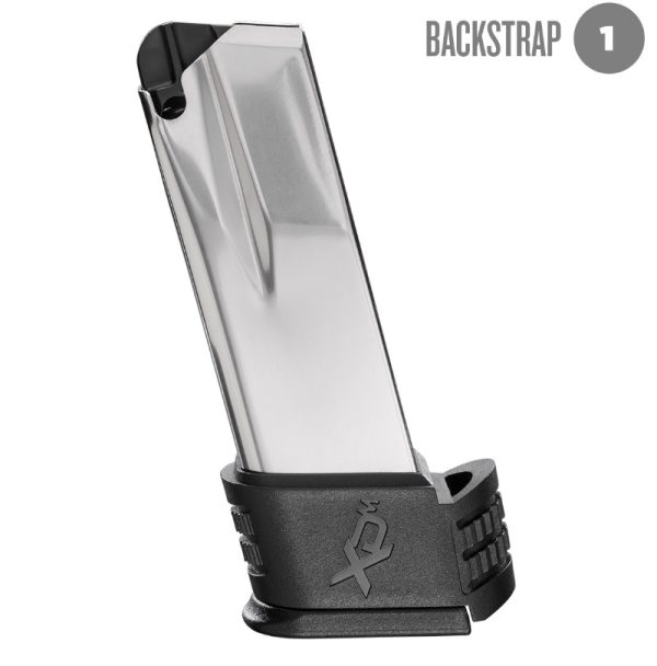 Stainless steel firearm magazine with a black textured backstrap, featuring engraved logo, suitable for guns and ammo in casey, iowa.