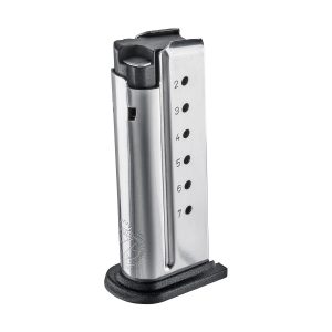 Silver gun magazine clip with black base, featuring number markings from 2 to 7 on the side.