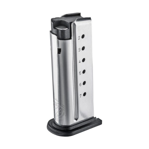 Silver gun magazine clip with black base, featuring number markings from 2 to 7 on the side.